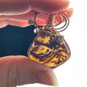 Artisan jewelry Turkish Stick Agate grey gray moonstone copper wire wrapped pend